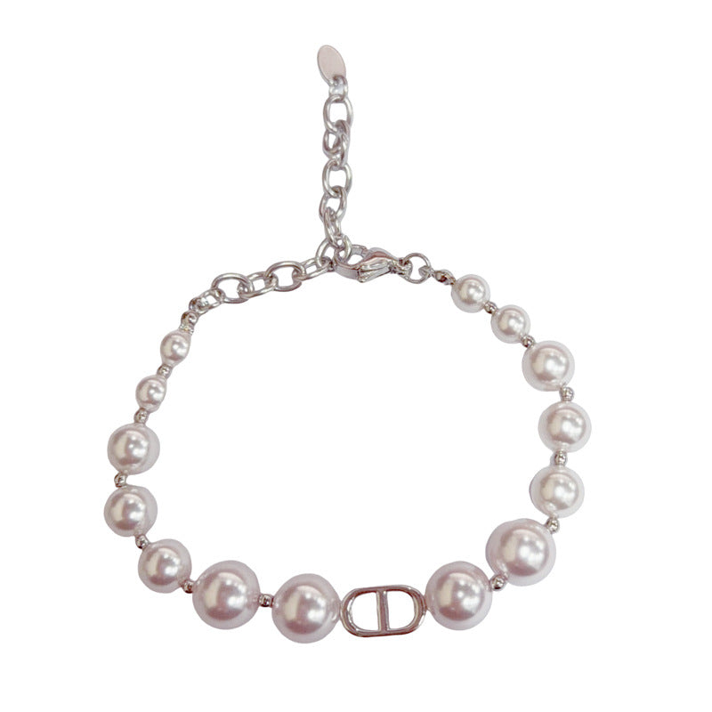 Elegant Pearl-Look Oval Link Bracelet with Rhinestone Accent for Women