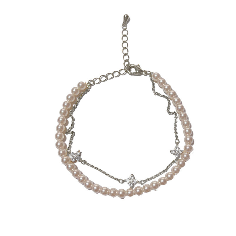 French Style Double Layer Pearl-Look Bracelet with Clover Charm for Women