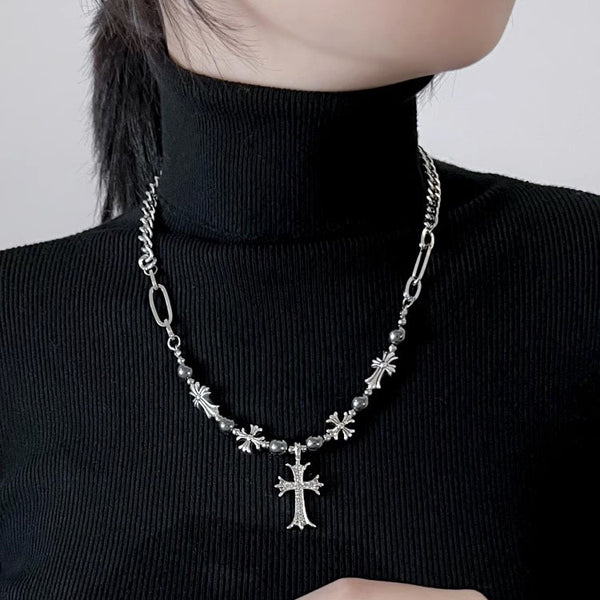 Black Silver Bead Cross Necklace