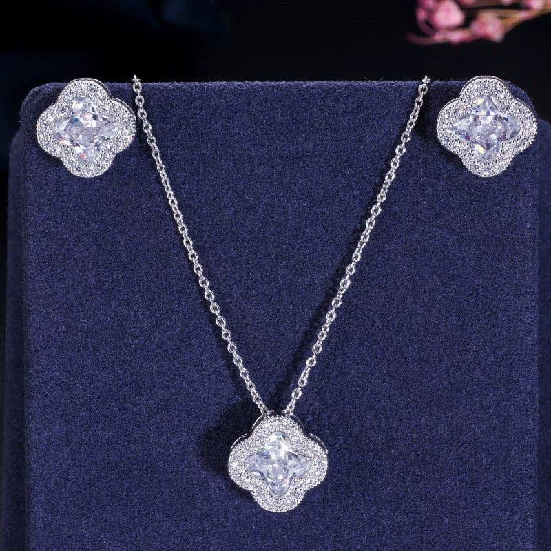 Zircon Clover Necklace and Earrings Set