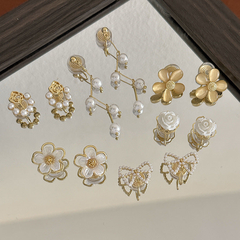 Pearl Flower Clip On Earrings Set