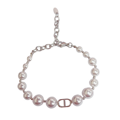 Elegant Pearl-Look Oval Link Bracelet with Rhinestone Accent for Women