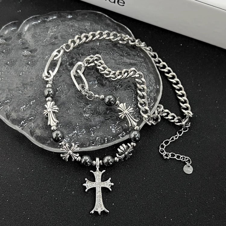 Black Silver Bead Cross Necklace