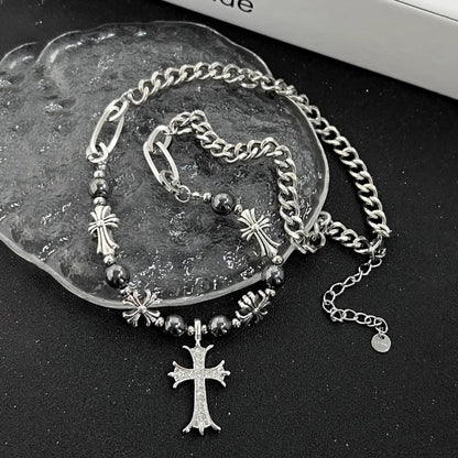 Black Silver Bead Cross Necklace