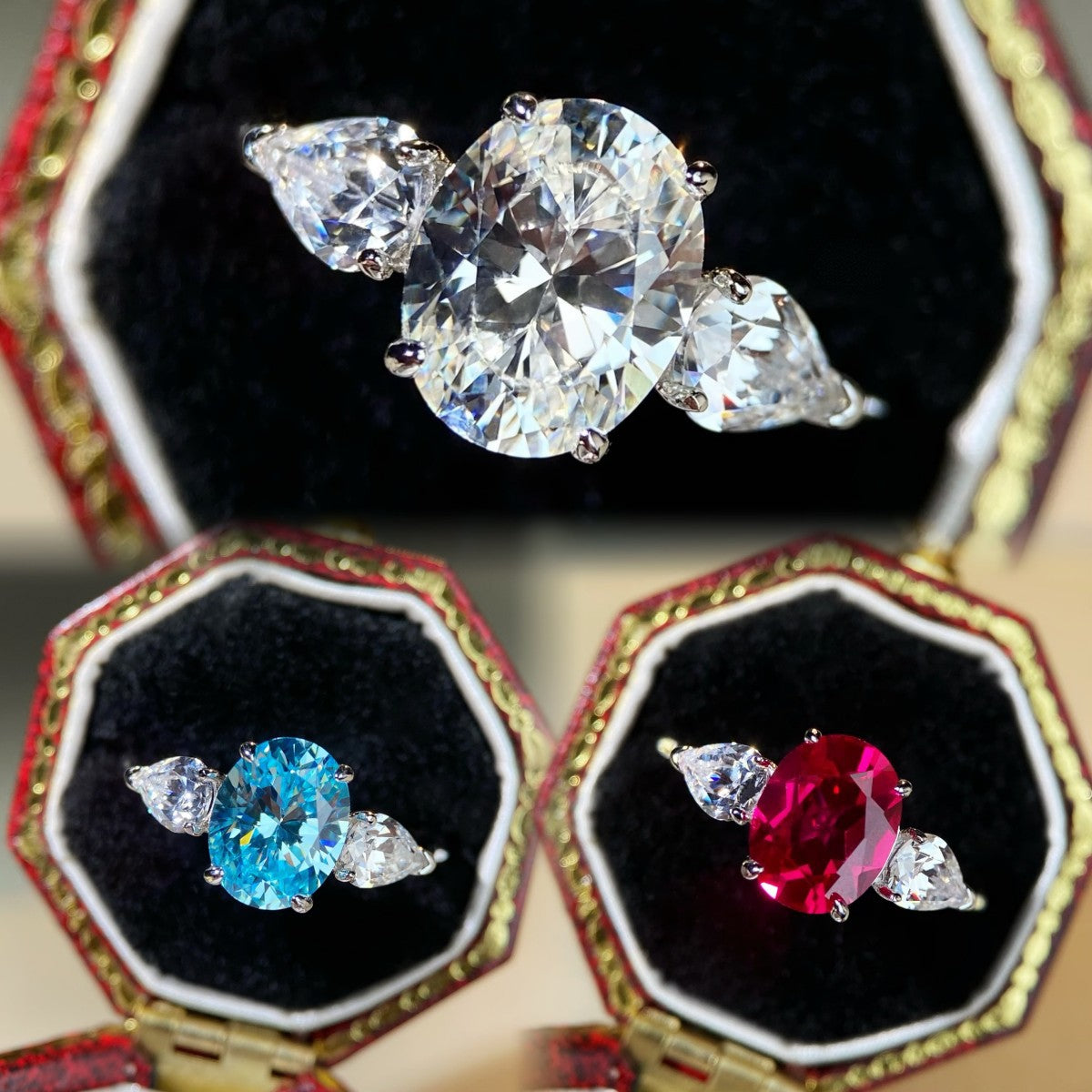 S925 Silver Oval Three-Stone Ring