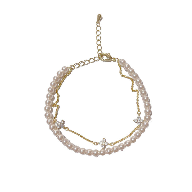 French Style Double Layer Pearl-Look Bracelet with Clover Charm for Women