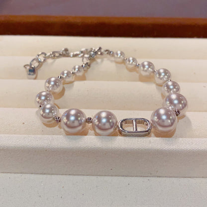 Elegant Pearl-Look Oval Link Bracelet with Rhinestone Accent for Women