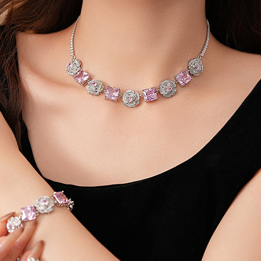 Pink Zircon Necklace and Earrings Set