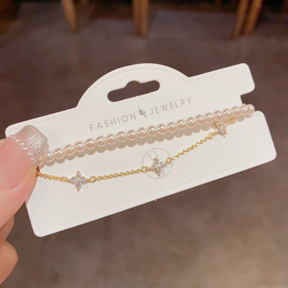 French Style Double Layer Pearl-Look Bracelet with Clover Charm for Women