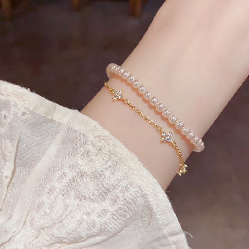 French Style Double Layer Pearl-Look Bracelet with Clover Charm for Women