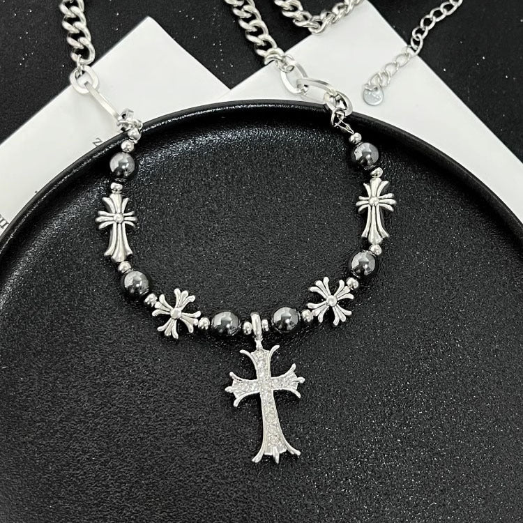 Black Silver Bead Cross Necklace