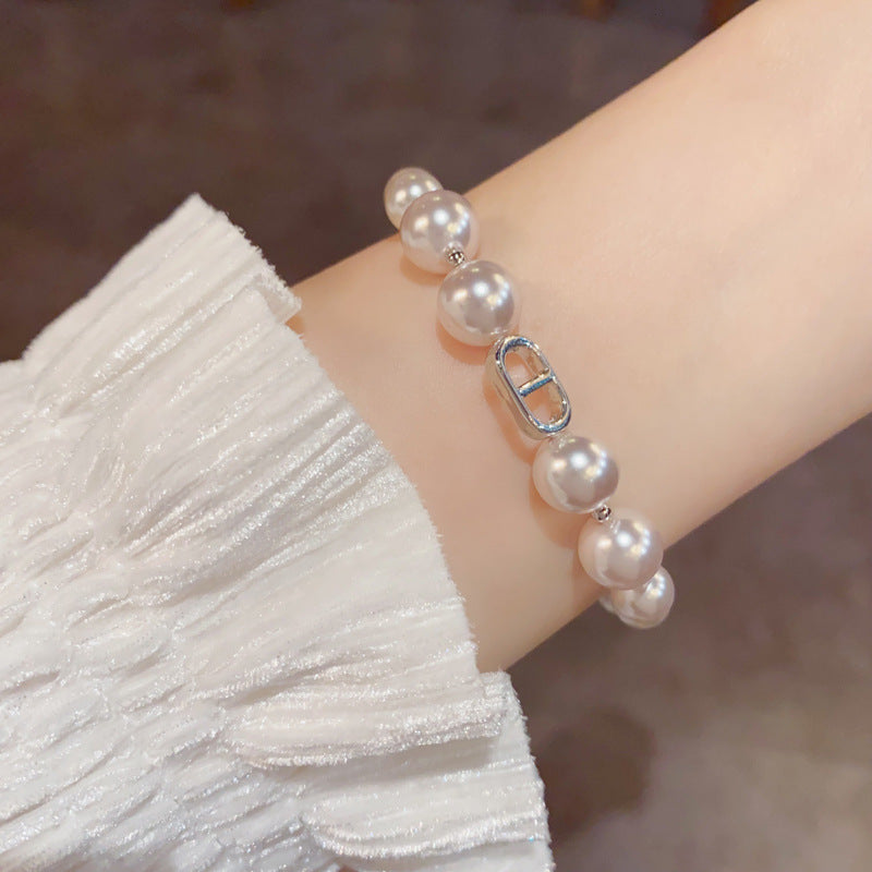 Elegant Pearl-Look Oval Link Bracelet with Rhinestone Accent for Women