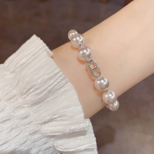 Elegant Pearl-Look Oval Link Bracelet with Rhinestone Accent for Women