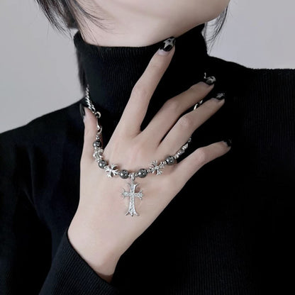Black Silver Bead Cross Necklace