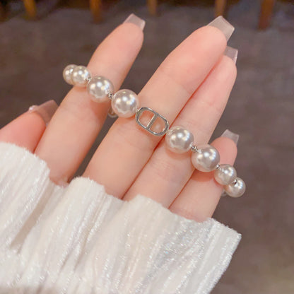 Elegant Pearl-Look Oval Link Bracelet with Rhinestone Accent for Women