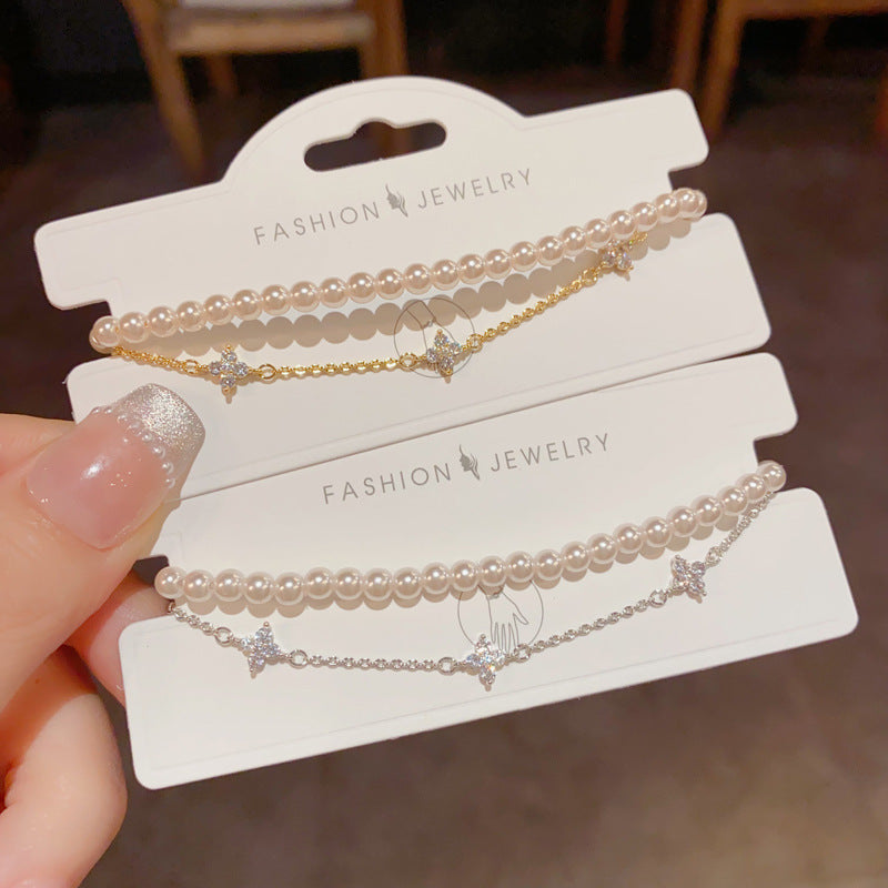 French Style Double Layer Pearl-Look Bracelet with Clover Charm for Women