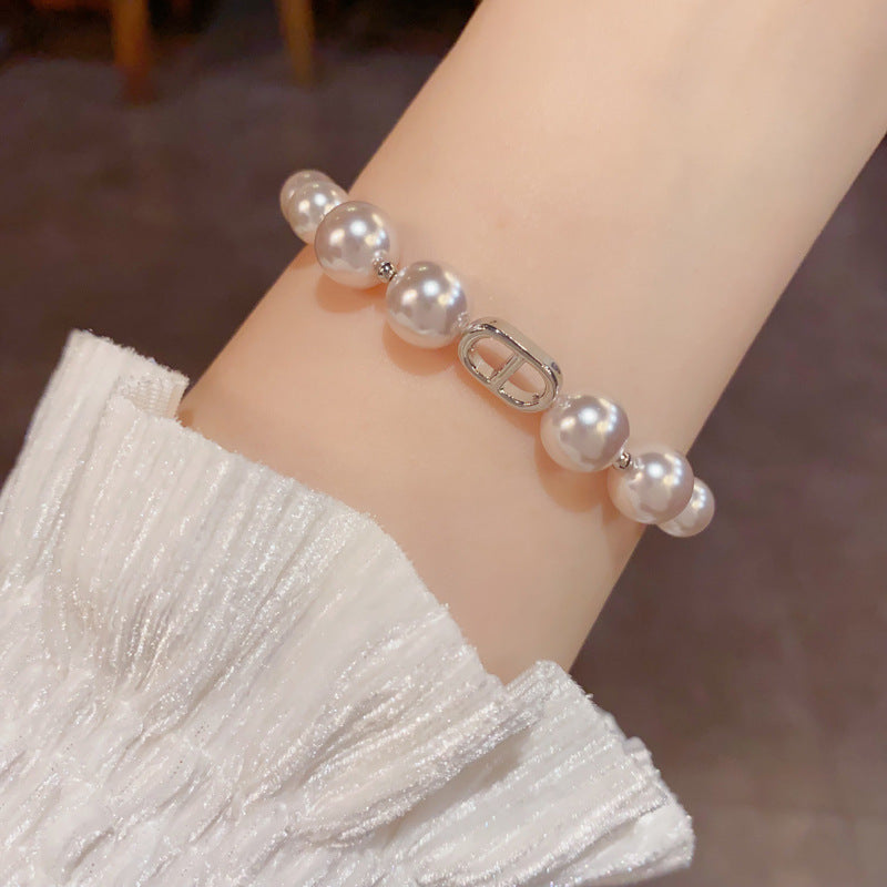 Elegant Pearl-Look Oval Link Bracelet with Rhinestone Accent for Women