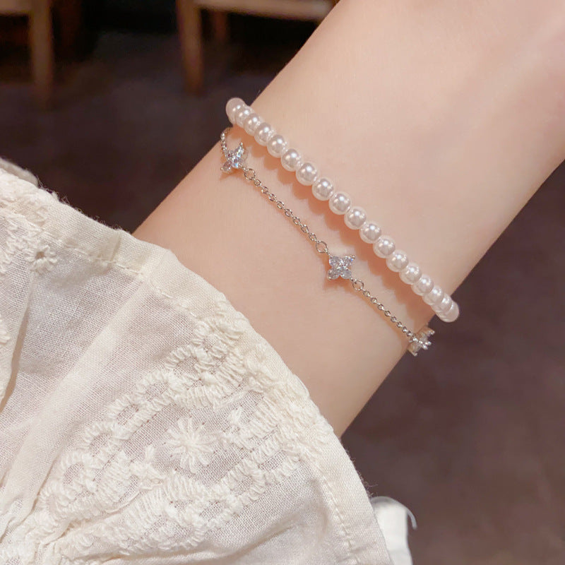 French Style Double Layer Pearl-Look Bracelet with Clover Charm for Women