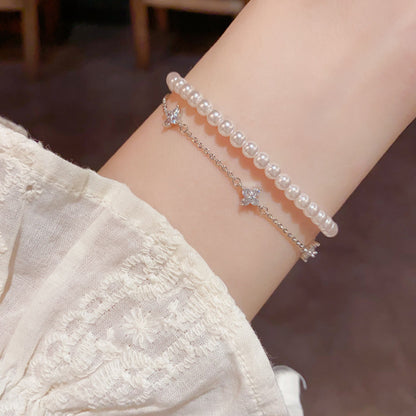 French Style Double Layer Pearl-Look Bracelet with Clover Charm for Women